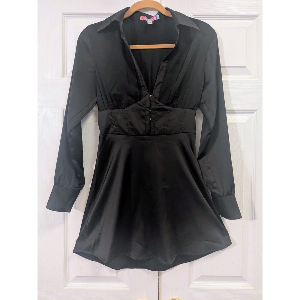 Urban Outfitters Phoebe Dress Womens S Black Satin Corset Hook Eye Mini
